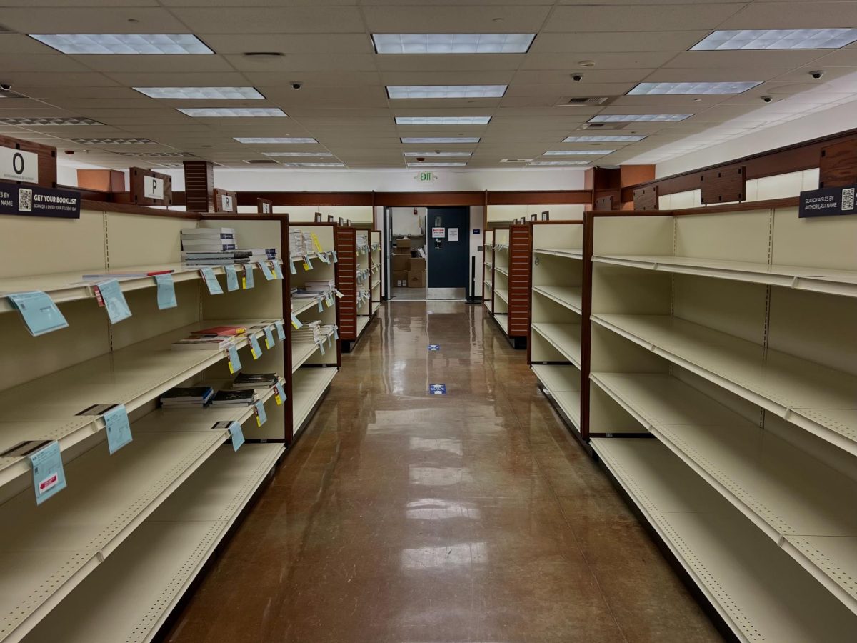 Empty book shelves inside the Cosumnes River College Bookstore, on Oct.1. The campus plans to close the bookstore due to the increased usage of Zero Textbook Cost and other online materials. 