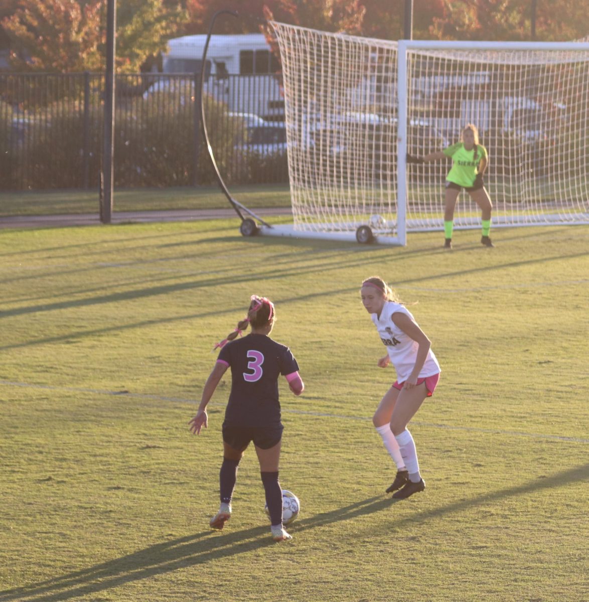 The Hawks number 3, sophomore forward Sadie Stoll, dribbling past the Sierra College defender on Tuesday. Women’s soccer kept their undefeated streak alive drawing 1-1 away to the American River College Beavers on Friday.