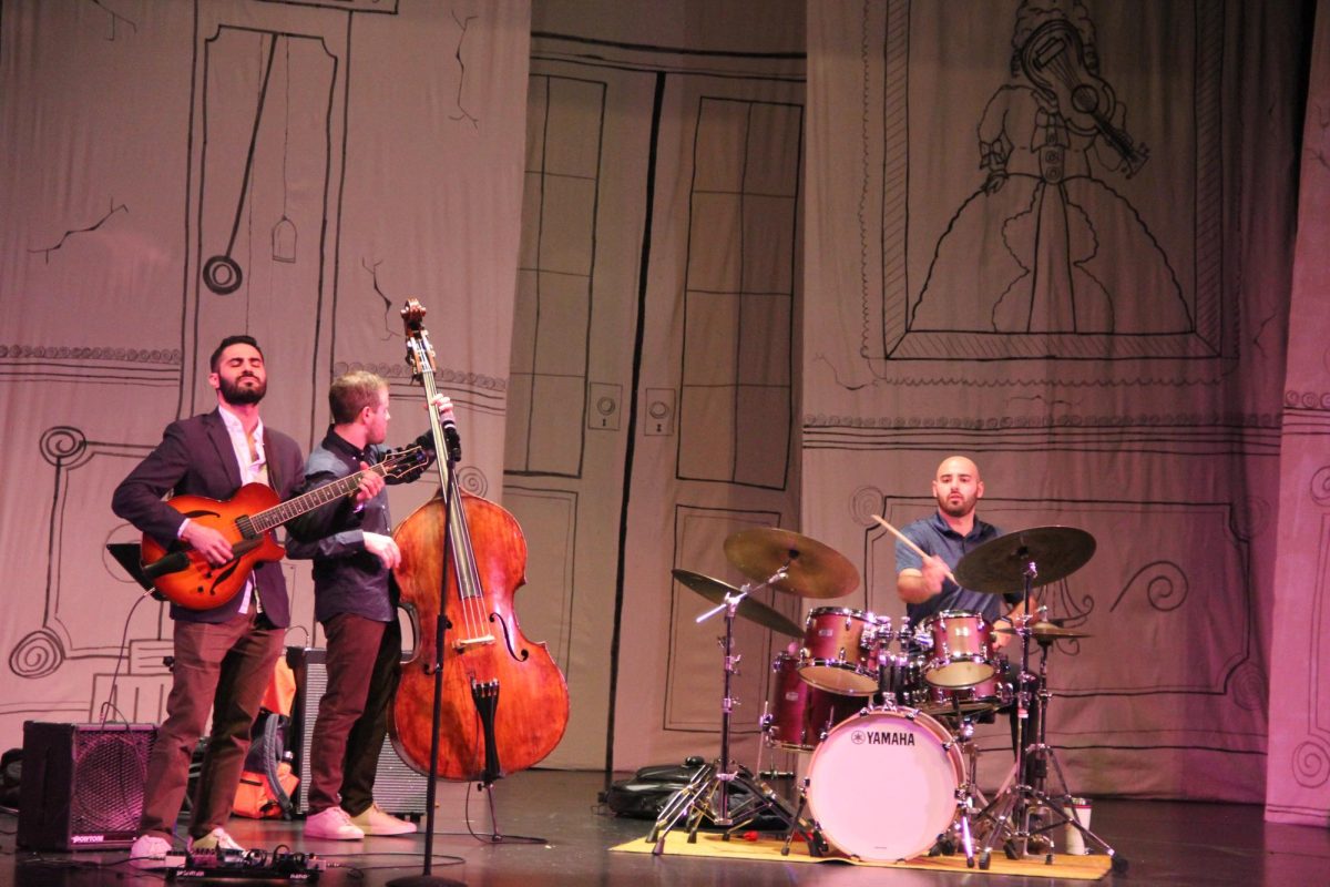 The professional jazz group, The Adam Moezinia Trio performing during their master class in the recital hall on Feb. 4. This was one of many stops on their Northern West Coast tour.