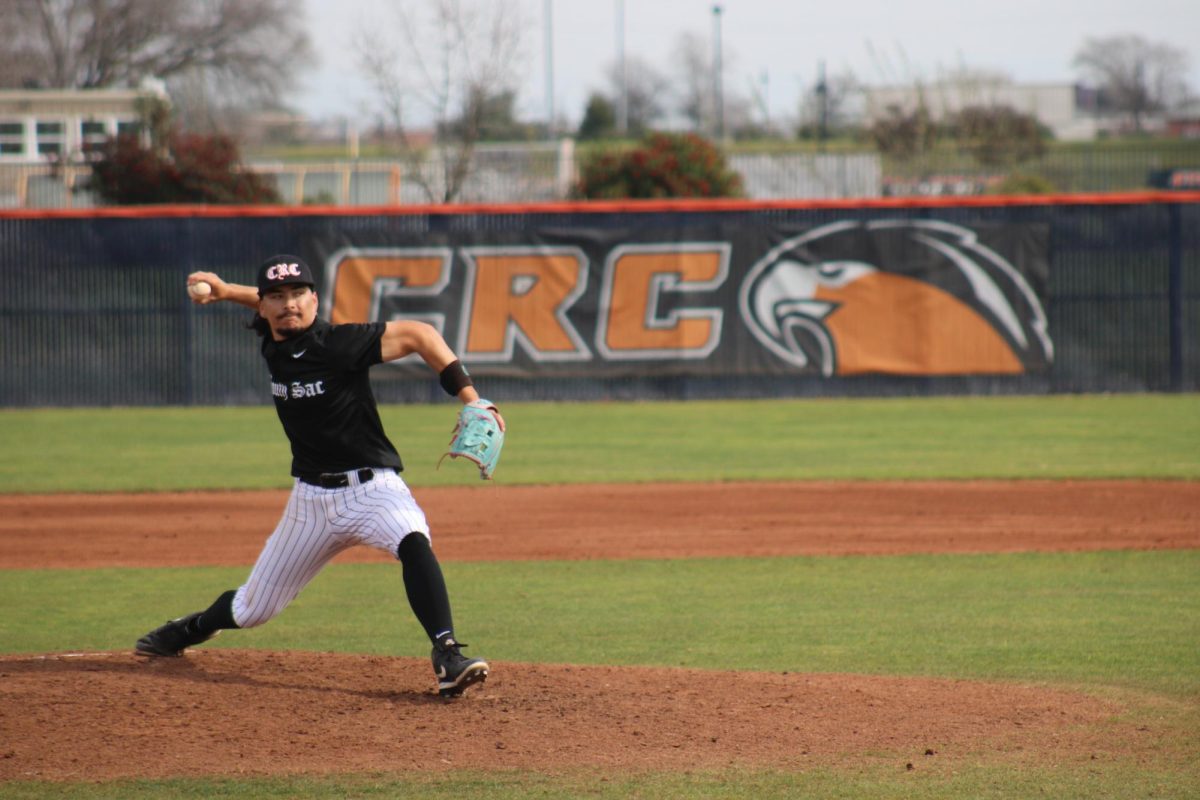 Freshman pitcher Mason Harris throws the ball during Saturday’s game against Napa Valley College. The Hawks won the game 9-7.