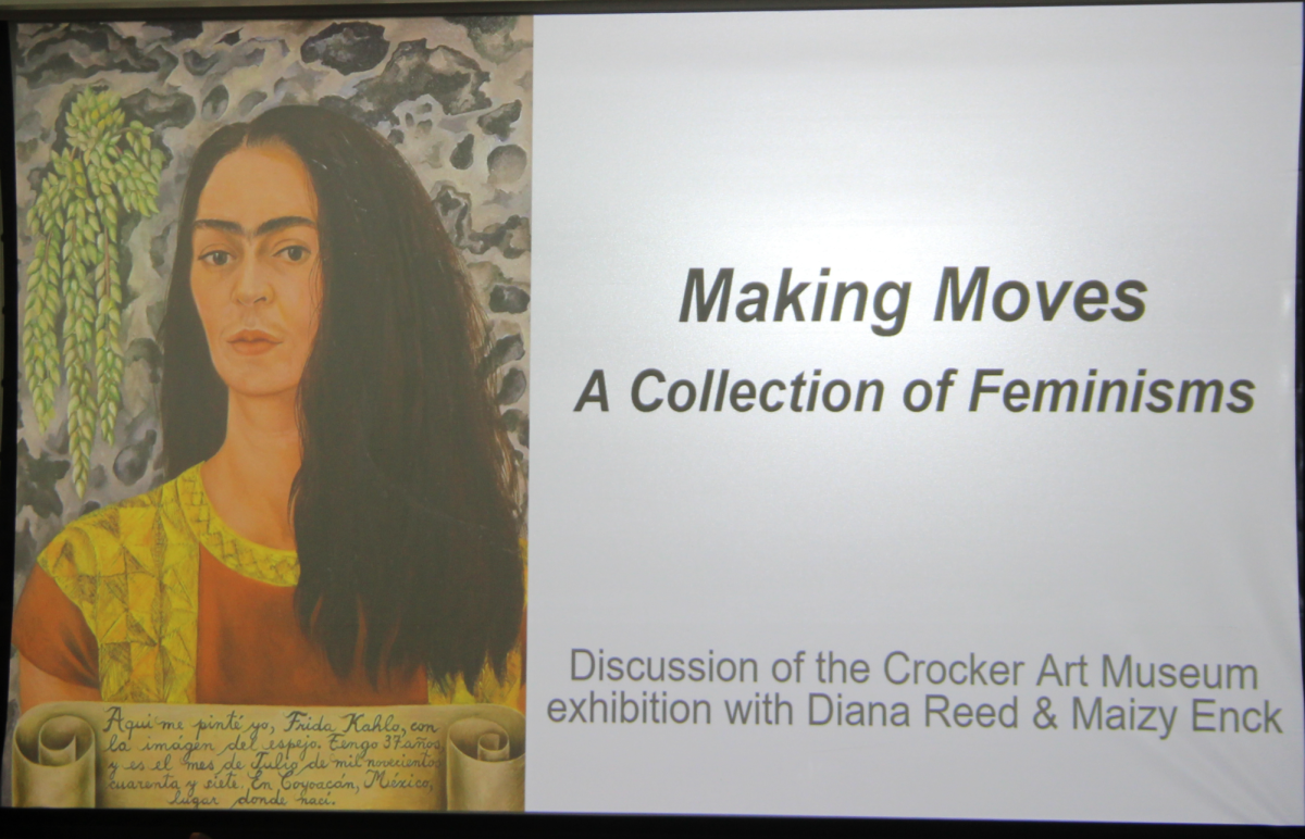 A photograph of the “Making Moves: A Collection of Feminisms” presentation title page for a Women’s History Month event on March 11. History professor Diana Reed and art history Maizy Enck spoke about women’s rights throughout history.