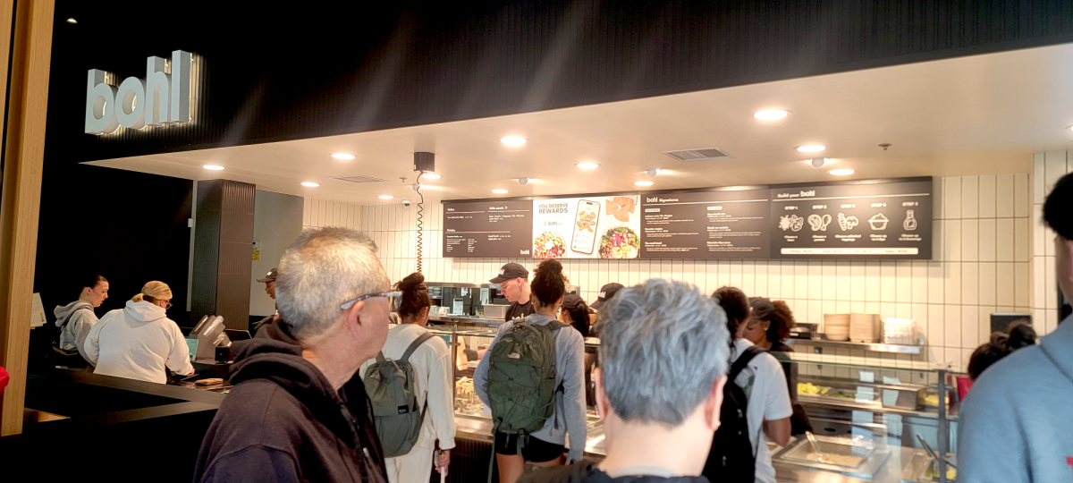 The lunch rush line at Bohl on April 1. The Connection’s editors dine at Bohl, the newest fast casual restaurant to hit Laguna Blvd, for their new column “Hawk Takes.”