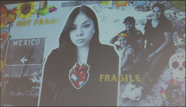 Alondra Torres Gerson, a 31-year-old business major, presents her project, “No frágil como una flor, frágil como una bomba” meaning “Not fragile like a flower, fragile like a bomb,” through a digital art piece exploring identity, immigration and resilience. The work was featured during “Telling Testimonios: Our Stories, Our Truths,” a student showcase held in the Art Gallery on Monday. 